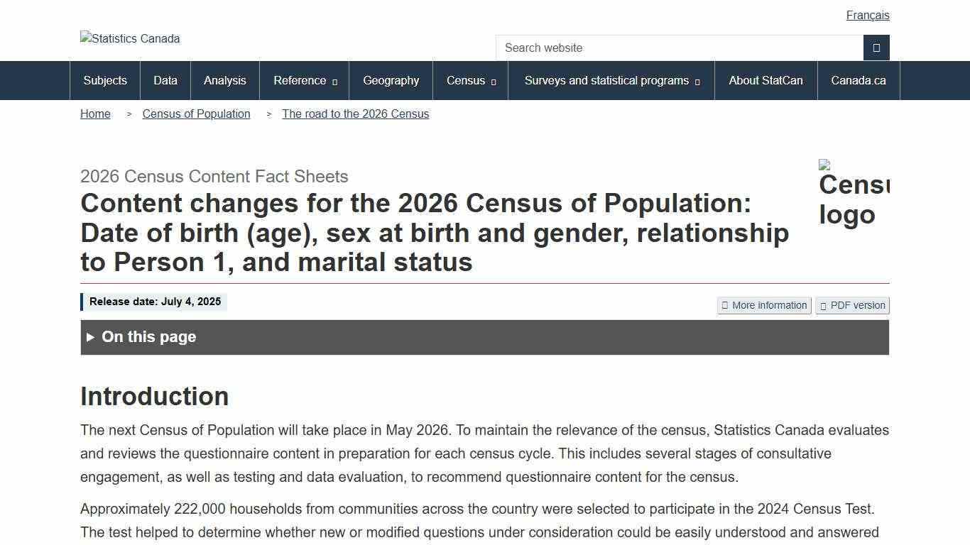 Content changes for the 2026 Census of Population: Date of birth (age), sex at birth and gender, relationship to Person 1, and marital status